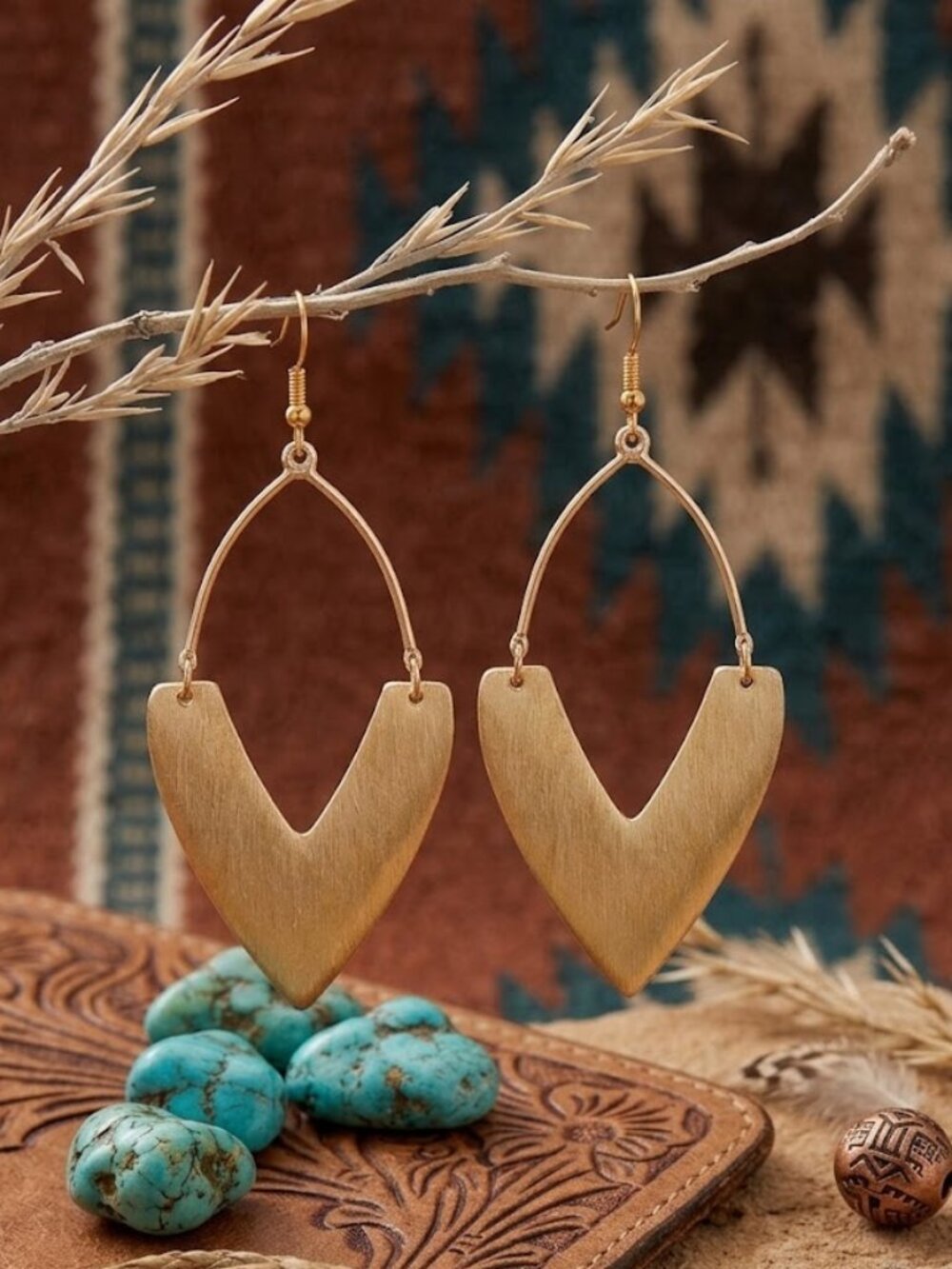 Brass Antique Gold Geometric V Drop Bohemian Artisan Dangle Earrings 3.2"
